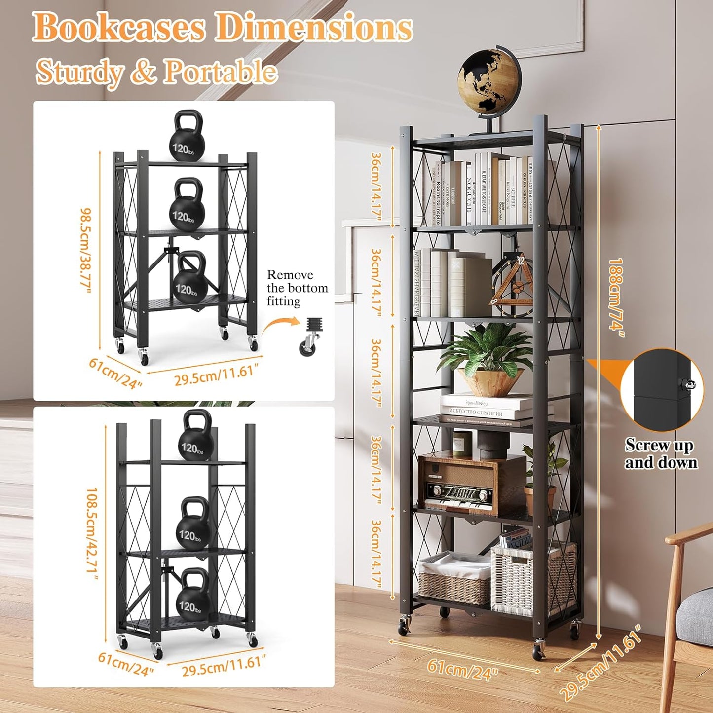 BAYOYONI 6 Tier Industrial Bookshelf - Storage Shelves with Two Usage Modes - Foldable Metal Bookshelves for Living Rooms, Offices, and Bedrooms (Black, 6 Tier)