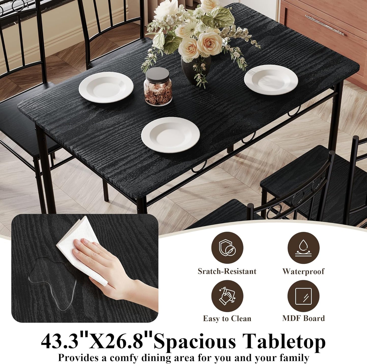 5 Piece Dining Table Set, Modern Metal&Wood Kitchen Dinner Table with 4 Chairs, Dining Room Table Sets for Small Spaces, Black
