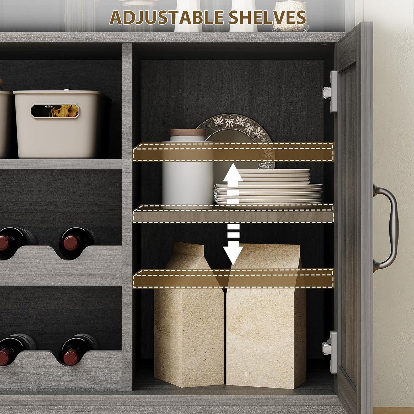 47" Farmhouse Buffet Sideboard Cabinet with Power Outlets Coffee Bar Cabinet with Storage, Large Buffet Storage Cabinet Table with Wine Racks, Goblet Holder, Hooks for Kitchen, Dining Room, Grey