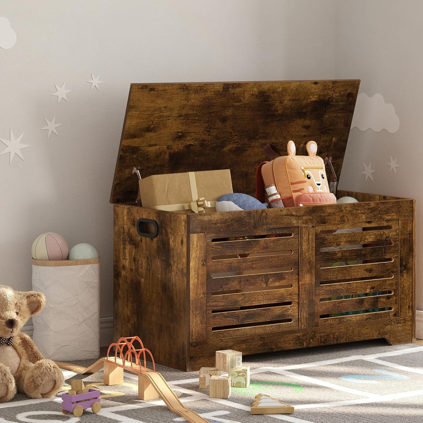 DINZI LVJ Storage Chest, Flip-Top Wooden Toy Box with 2 Safety Hinges, Retro Entryway Shoe Storage Bench, Sturdy Large Storage Trunk for Living Room, Bedroom, Easy Assembly, Rustic Brown