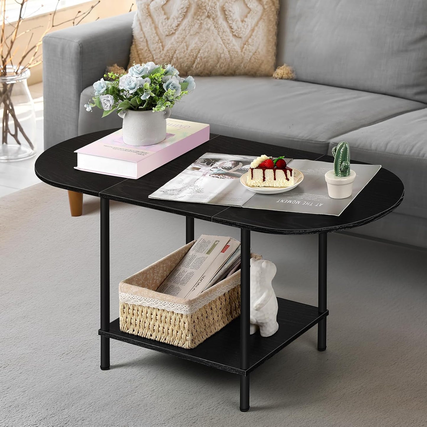 Black Coffee Table for Living Room, 2-Tier Small Oval Center Table, Mid Century Farmhouse Round Tea Table with Storage Shelf for Small Space, Home Office, Living Room