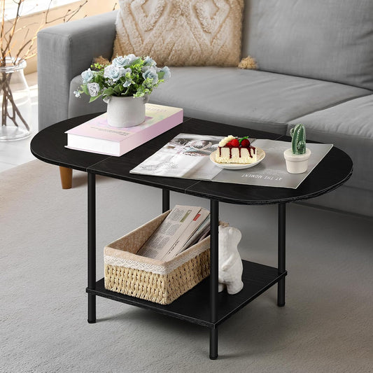 Black Coffee Table for Living Room, 2-Tier Small Oval Center Table, Mid Century Farmhouse Round Tea Table with Storage Shelf for Small Space, Home Office, Living Room