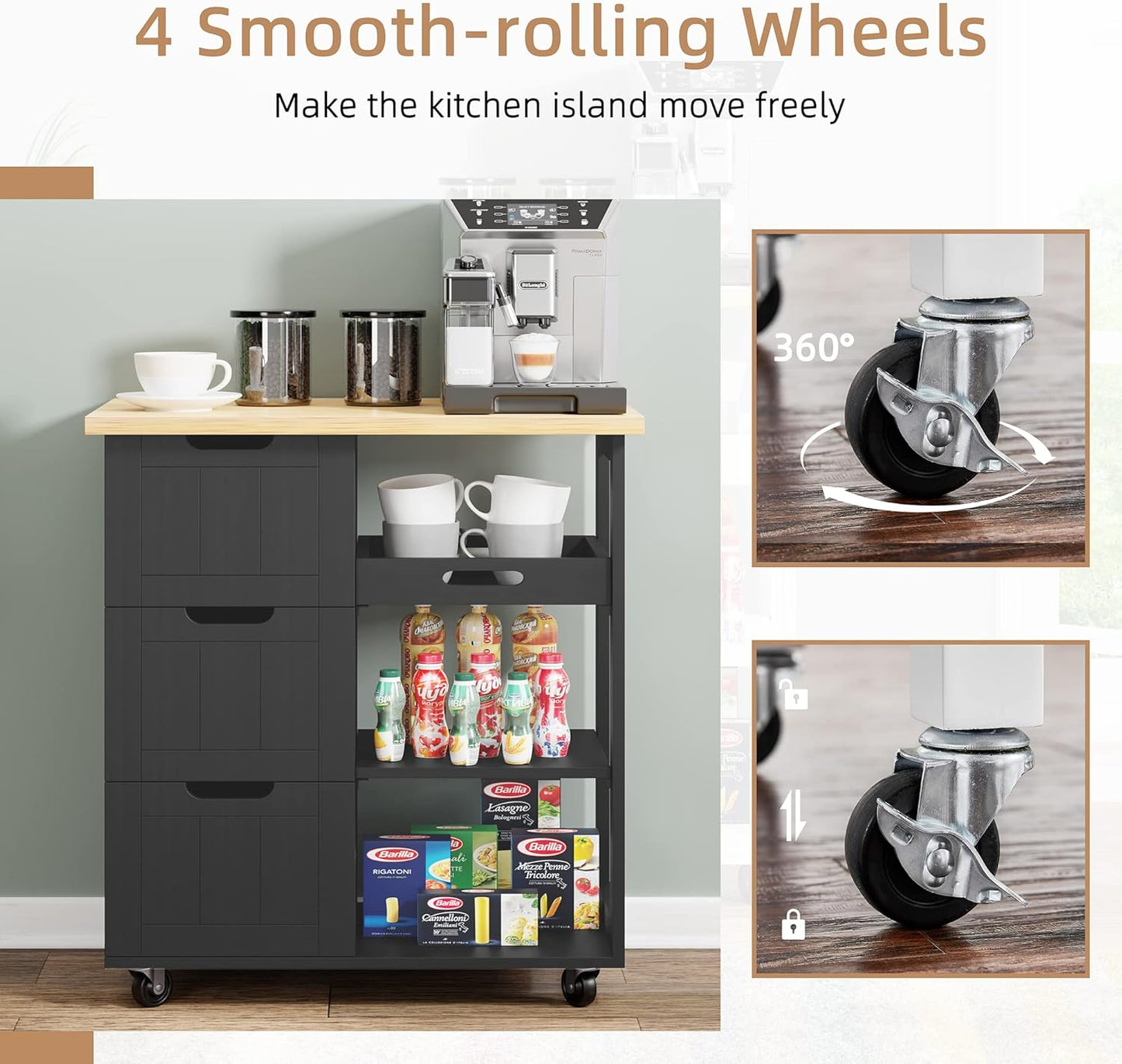 Shintenchi Kitchen Island Cart with Storage,Rolling Kitchen Island Storage Cabinet,Side Table on Wheels with Worktop,3 Open Shelves and 3 Drawers for Kitchen,Dinning Room, Black