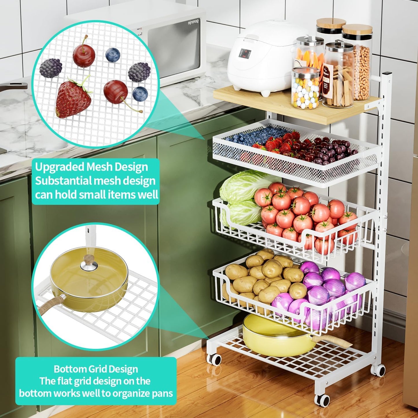 HapiRm Fruit Basket Kitchen Cart - 5 Tier Adjustable Vegetable Storage Rack, Large Capacity Rolling Kitchen Carts on Wheels for Snack Onion and Potato Storage