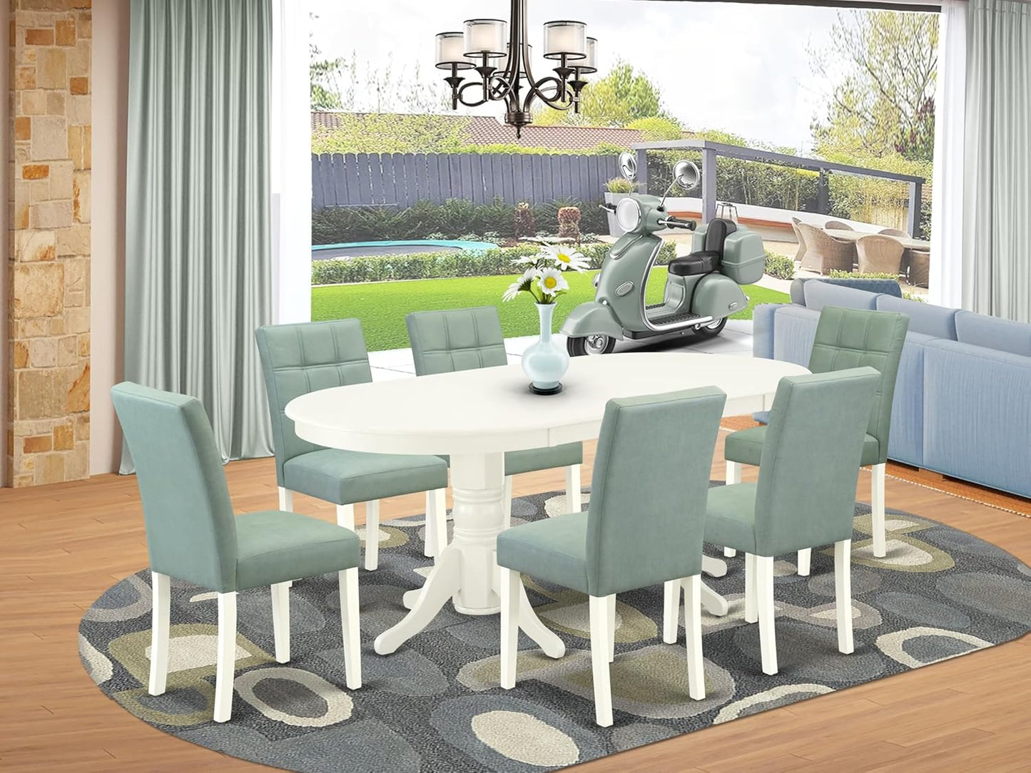 East West Furniture VAAS7-LWH-43 7 Piece Dining Set consists A Mid Century Dining Table and 6 Willow Green Polyester Fabric Modern Dining Chairs, Linen White
