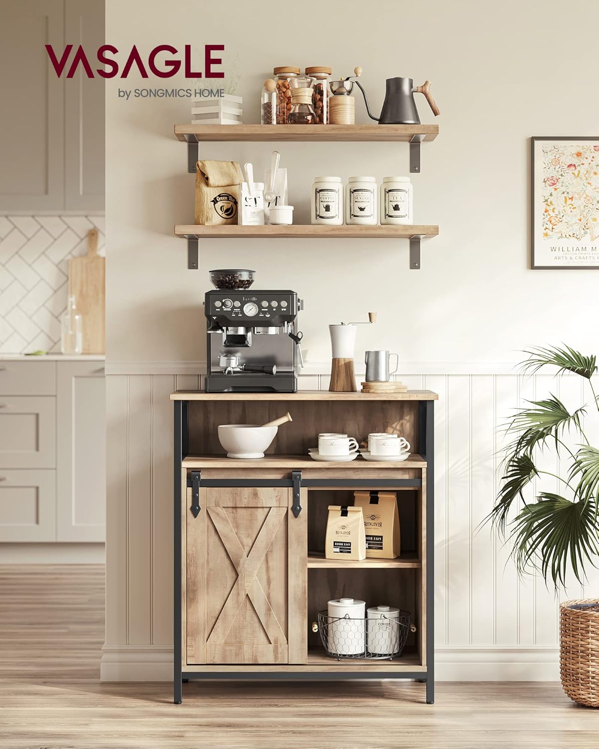 VASAGLE Buffet Cabinet, Coffee Bar Storage Cabinet, Sideboard with 1 Sliding Barn Door, Adjustable Shelves, 11.8 x 27.6 x 31.5 Inches, for Living Room, Camel Brown and Ink Black ULSC089B50