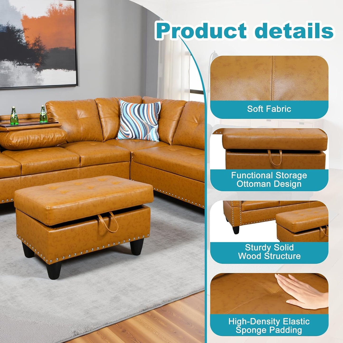 Couches for Living Room PU Leather L Shaped Couch Comfy 3 Pieces Sectional Sofa with Chaise, Ottoman with Storage for Office and Small Apartment, Ginger