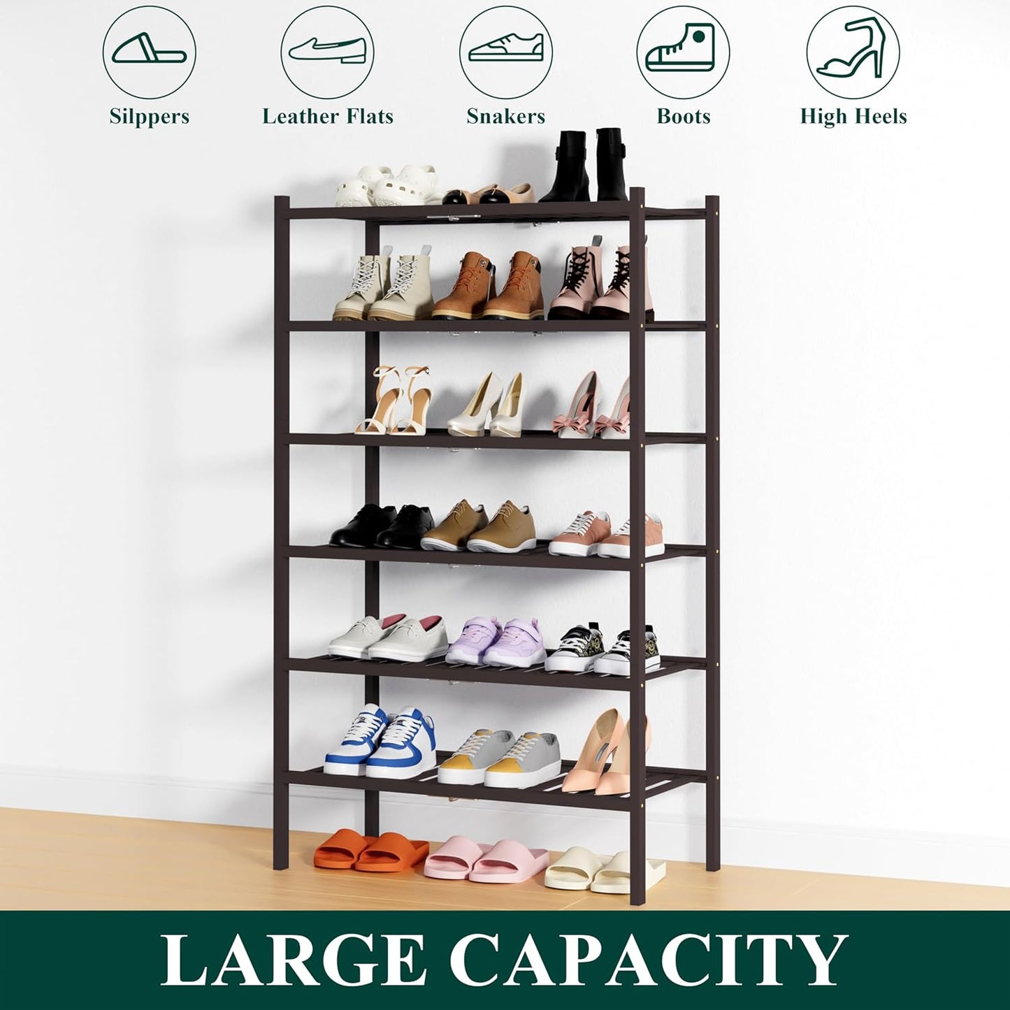 Smiry Shoe Rack, 6 Tier Thick Bamboo Shoe Organizer, Stackable Free Standing Wooden Shoe Storage Shelf for Closet, Entryway, Front Door Entrance, Brown