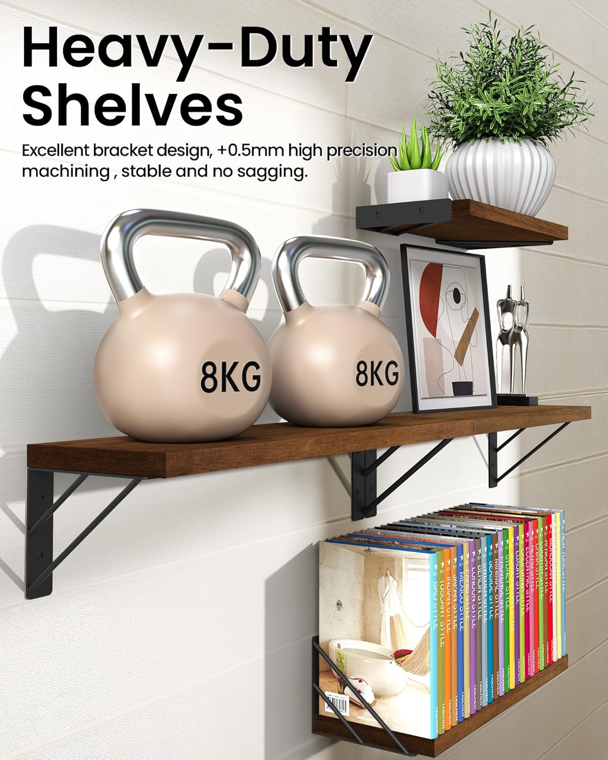 BAYKA Floating Shelves for Wall, Book Shelf for Bedroom, Decor Shelves for Living Room Kitchen, Mounted Wood Floating Shelf for Home Decor, Corner Shelf for Bathroom, Office(Walnut-Toned,Set of 4)