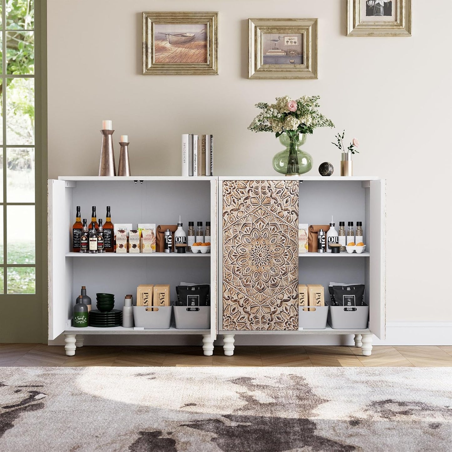 COSIEST Set of 2 32" Buffet Sideboard Cabinets with Vintage Firework Carved Pinewood Doors, Push-to-Open, Storage Accent Cabinet for Living Room, Kitchen, Hallway, Gray