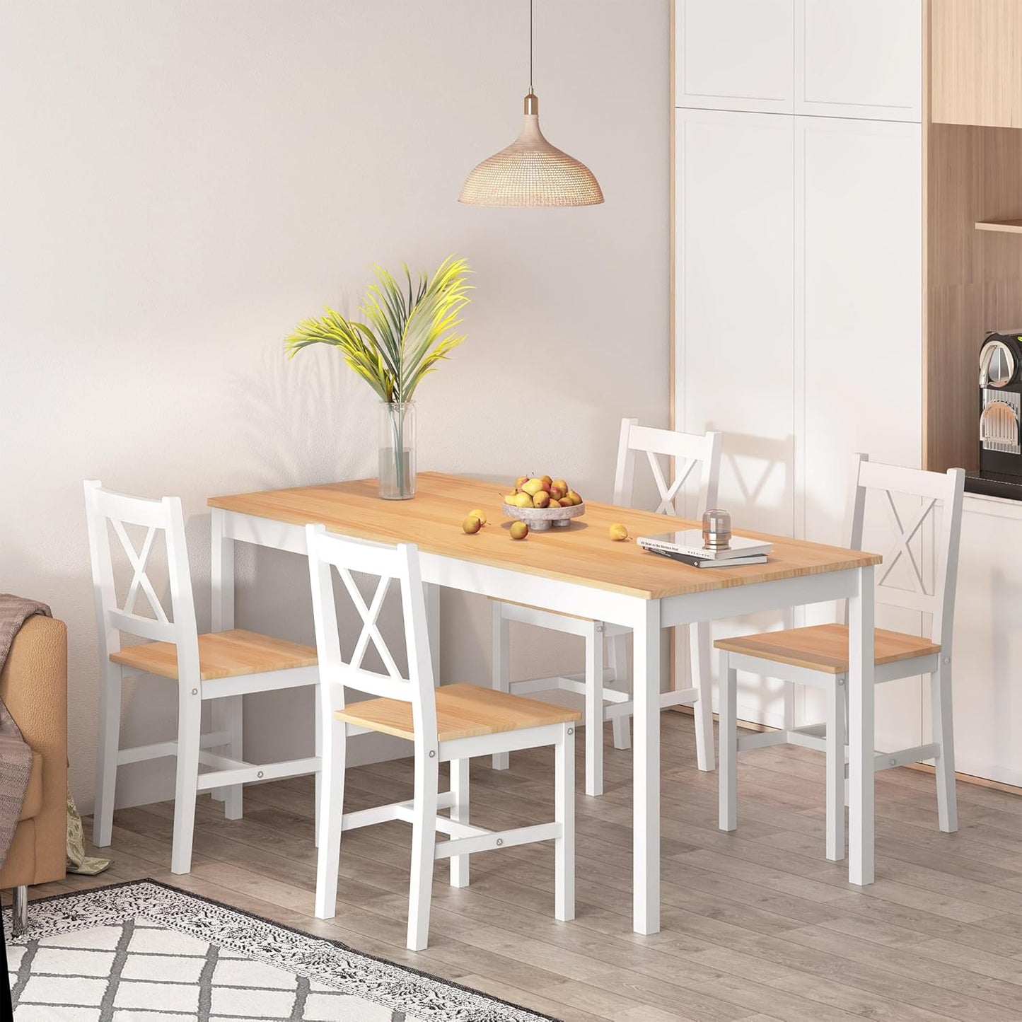 soges 5 Pieces Dining Table Set, Pine Wood Kitchen Table with 4 Chairs, 47.2 inch Kitchen Table Set for 4, Rectangular Dining Table Furniture Set for Kitchen, Dining Room, Dinette, White & Oak