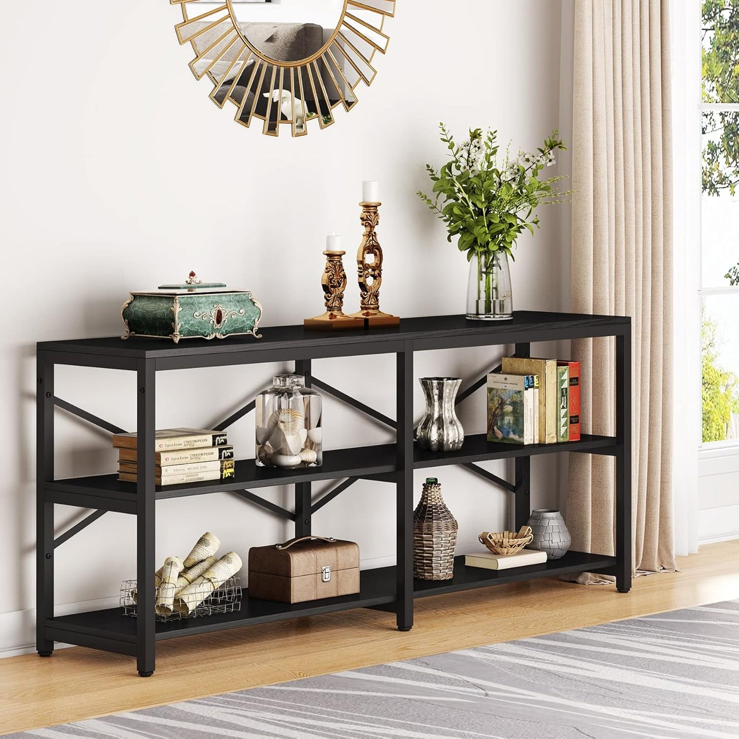 Tribesigns 70.9 Inch Extra Long Console Table, Modern Sofa Table Behind Couch Table with Storage Shelves, 3-Tier Industrial Hallway Entryway Table for Living Room, 3 Shelf Bookshelf(Black)