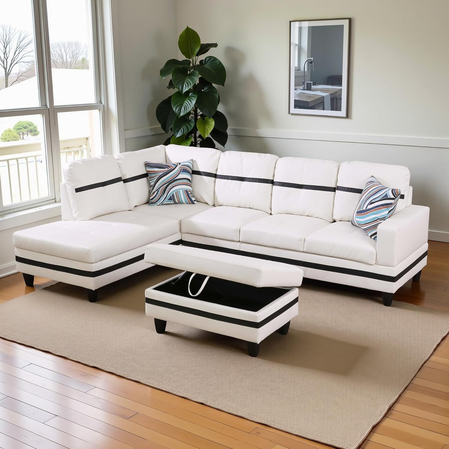 L Shaped Couch PU Leather Sectional Couch Upholstered 3 Pieces Sofas for Living Room with Chaise, Storage Ottoman for Office and Small Apartment, White and Black