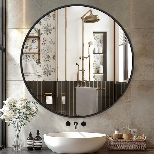 Black Bathroom Mirrors for Wall,30'' Round Circle Mirror for Entryway Bedroom Vanity Frame Mirror(30'',Black)