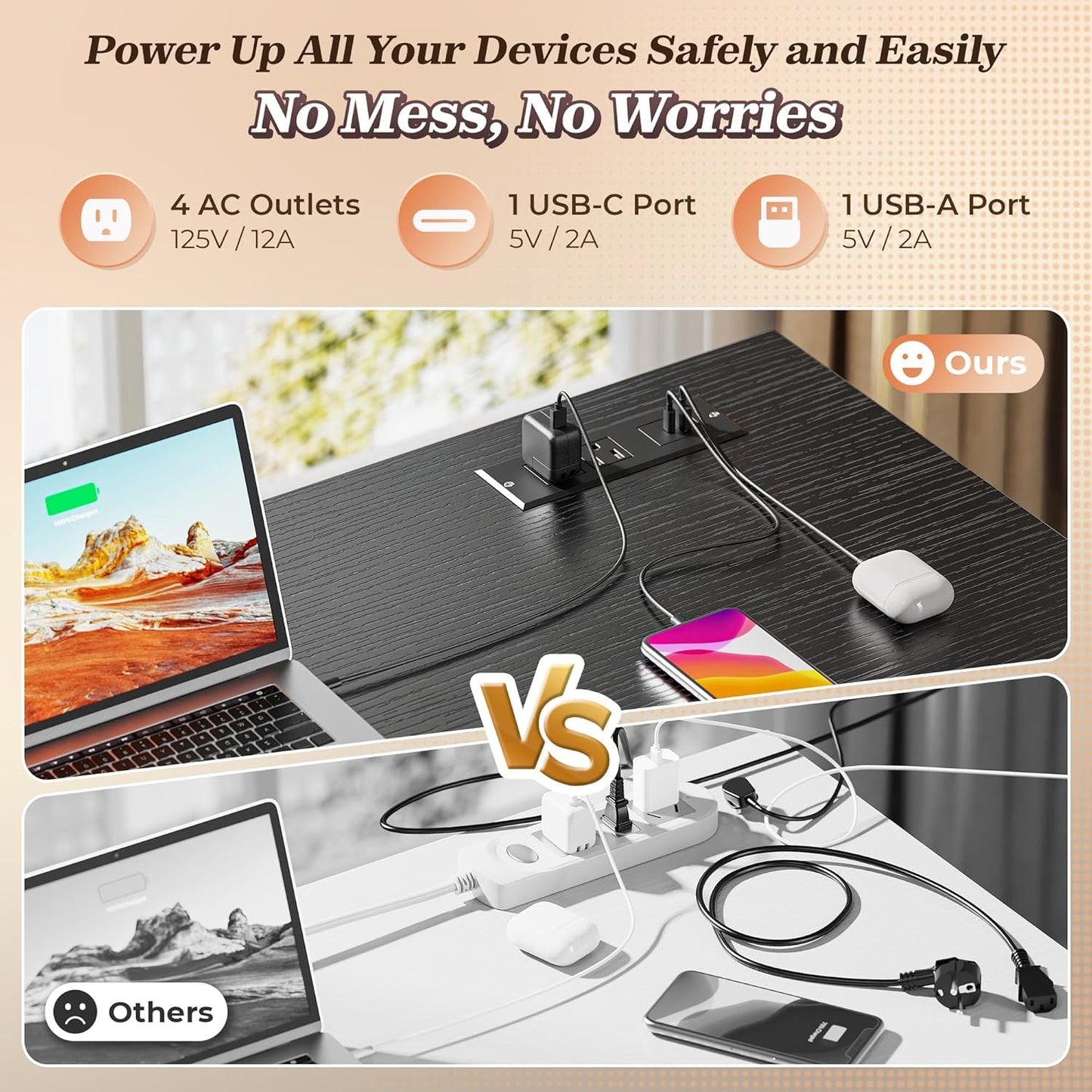 PRAISUN 43.3" Small Computer Desk with Power Outlets and USB-C Port, Reversible L Shaped Corner Office Desk with 4 Fabric Drawers and 2 Height-Adjustable Shelves, for Gaming Writing, Black