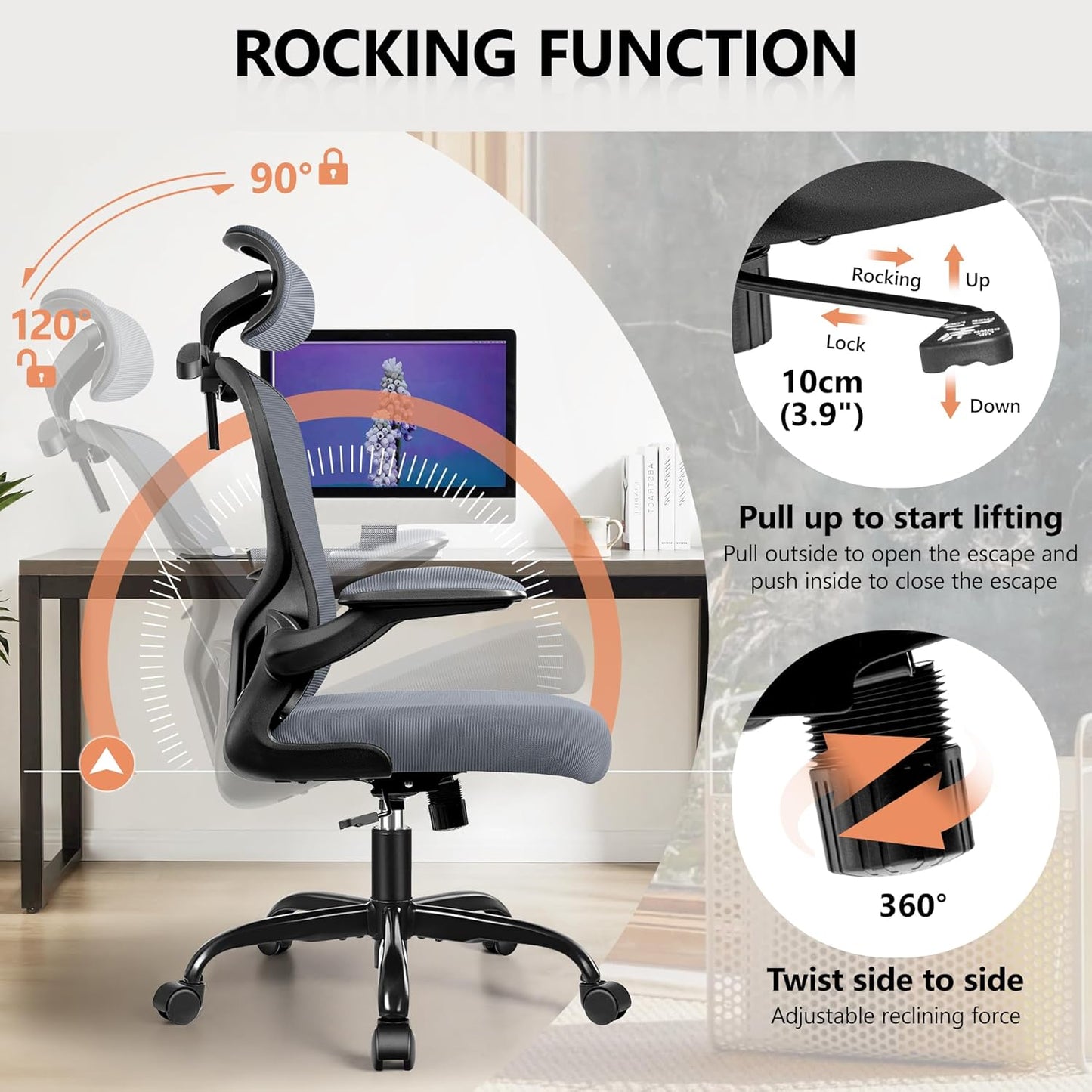 FelixKing Ergonomic Office Desk Chair with Headrest, Adjustable Lumbar Support, Height and Swivel, Comfy Task Chair with Flip-up Armrests, Ergo Mesh Backrest for Working Dark Gray