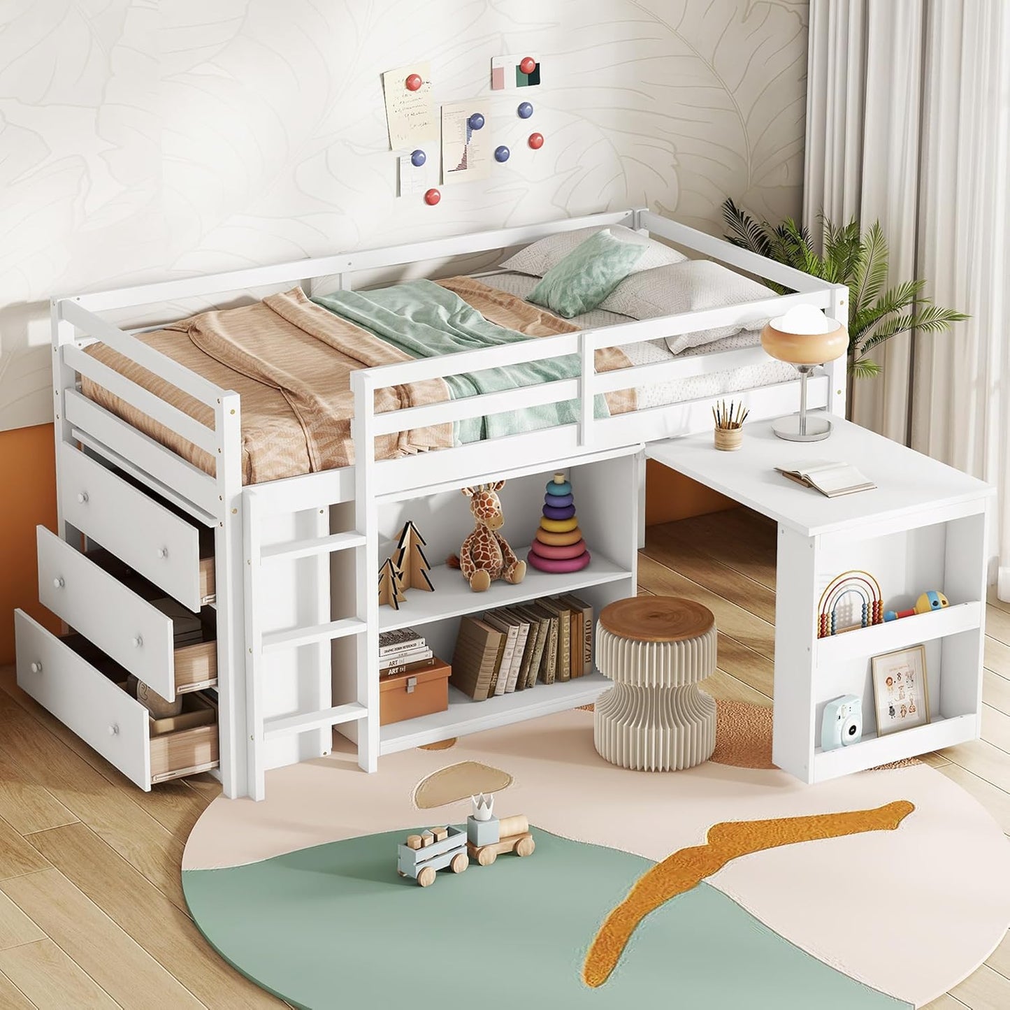 KEIKI Twin Loft Bed with Pull-Out Desk, Drawers & Open Shelves, Wooden Bed Frame with Guardrail, Low Design for Kids, White