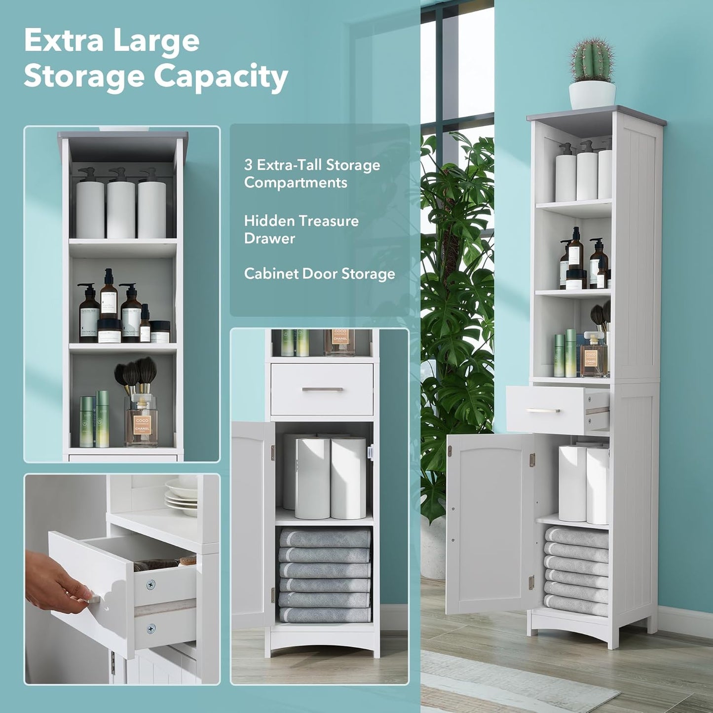 Tall Bathroom Storage Cabinet - 13" Narrow Slim Cabinet with Adjustable Shelves & Anti-Fall Drawers, Freestanding Linen Closet Organizer (Matte White & Grey Top, 64" Tall Cabinet with Doors)