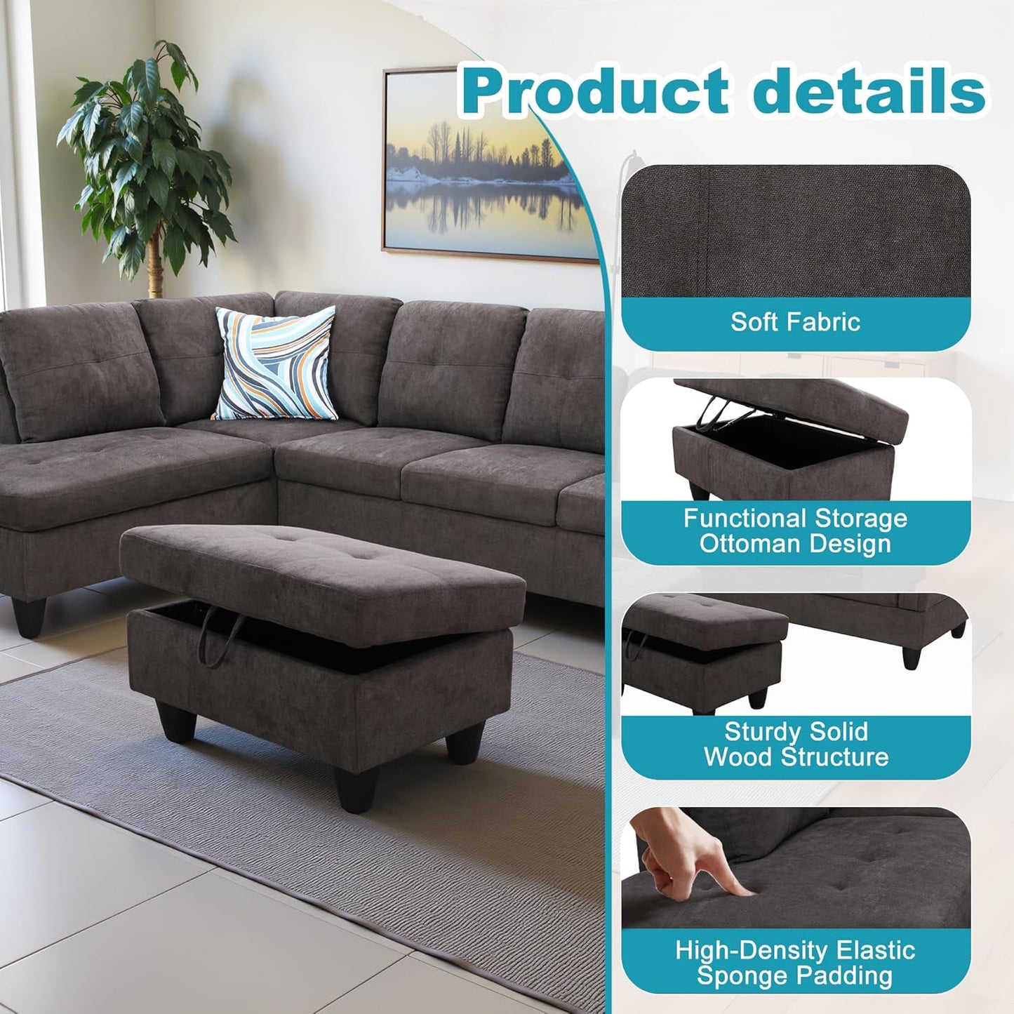 L Shaped Couch Modern Sectional Couch Upholstered Fluffy Fabric 3 Pieces Sofas for Living Room with Chaise, Storage Ottoman for Office and Small Apartment, Dark Brown