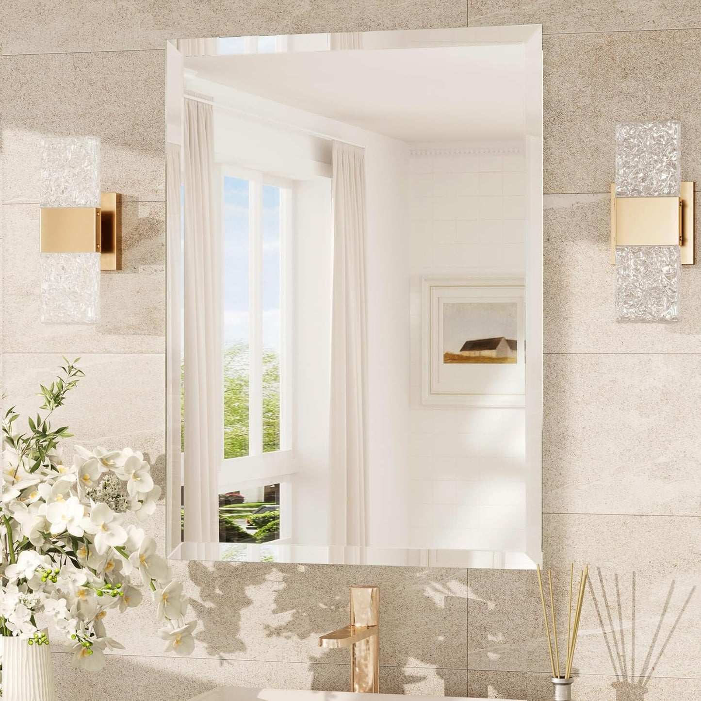 TokeShimi 22x30 Bathroom Vanity Mirror Beveled Rectangle, Frameless Mirror Bathroom with 1" Beveled Edge, Shatterproof Modern Decorative Wall Mirrored for Living Room, Entryway, Bedroom