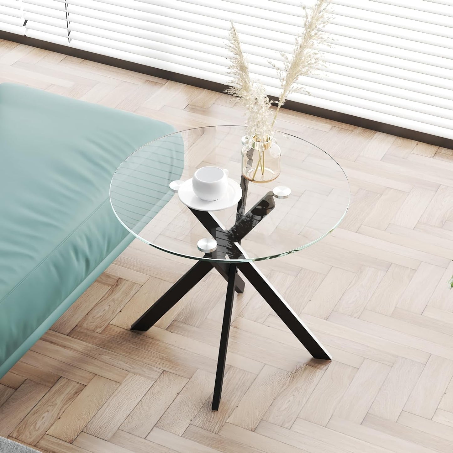 Round Side Table Modern 20 Inch End Table with Tempered Glass Top and Black Metal Legs Stylish Sofa End Table Bed Side Table for Living Room Bedroom