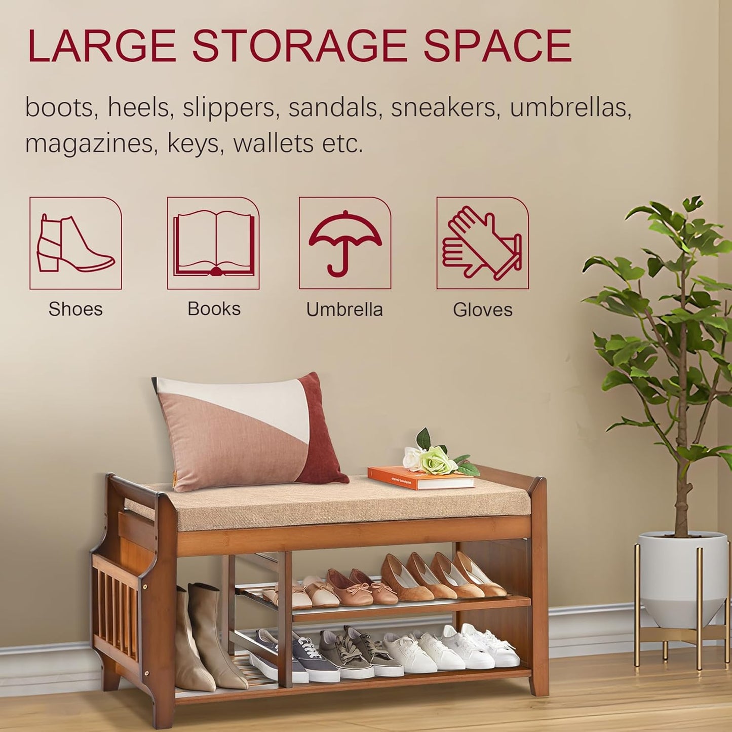 Shoe Storage Bench for Entryway, Bamboo Entryway Bench with Hidden Drawer and Side Brackets,2-Tier Shoe Rack Organizer for Entryway, Hallway,Bedroom and Bathroom