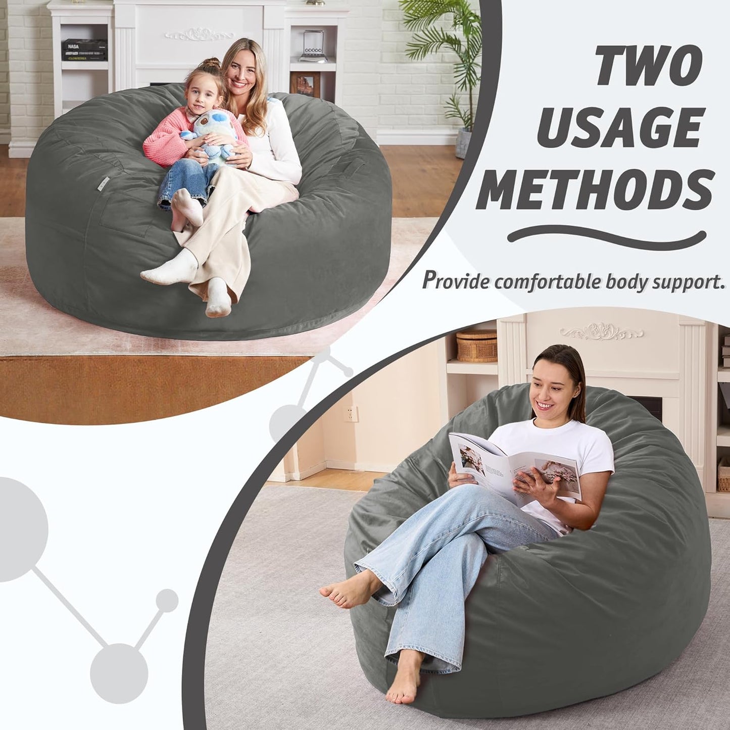 5FT Bean Bag Chair with Ultra Soft Velvet Cover Bean Bag Sofa with Memory Foam Bean Bag Chairs with Large Size Lazy Sofa for Dorm Office Living Room Bedroom Light Grey 5'