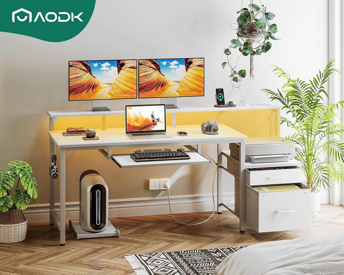 AODK Computer Desk with Drawers and Keyboard Tray, 63" Office Desk with Power Outlet and LED Lights, Reversible Study Work Desk with Printer Shelf and PC Stand for Home Office, White