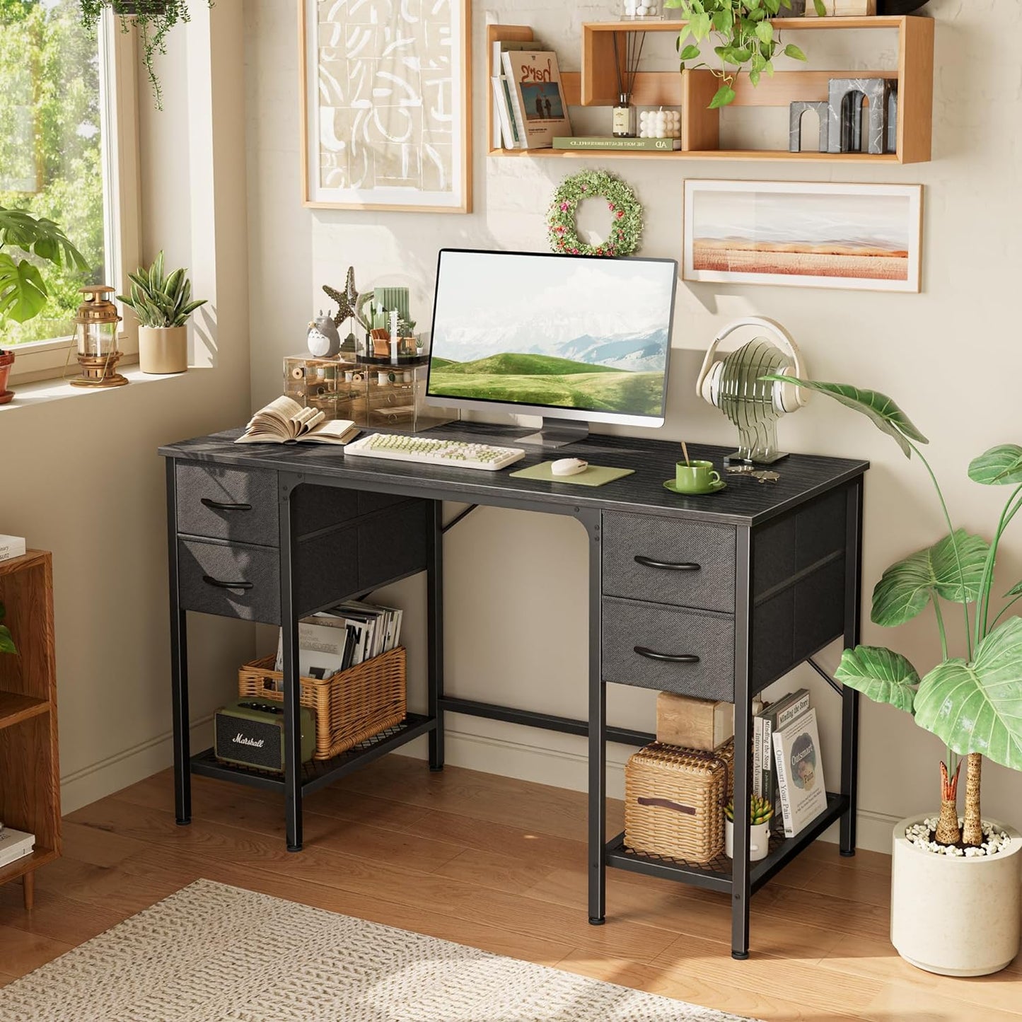 Huuger 47 Inch Computer Desk with 4 Drawers, Office Desk with Mesh Shelf, Gaming Desk, Large Storage, Writing Work Desk for Home Office, Study, Bedroom, Work from Home, Black