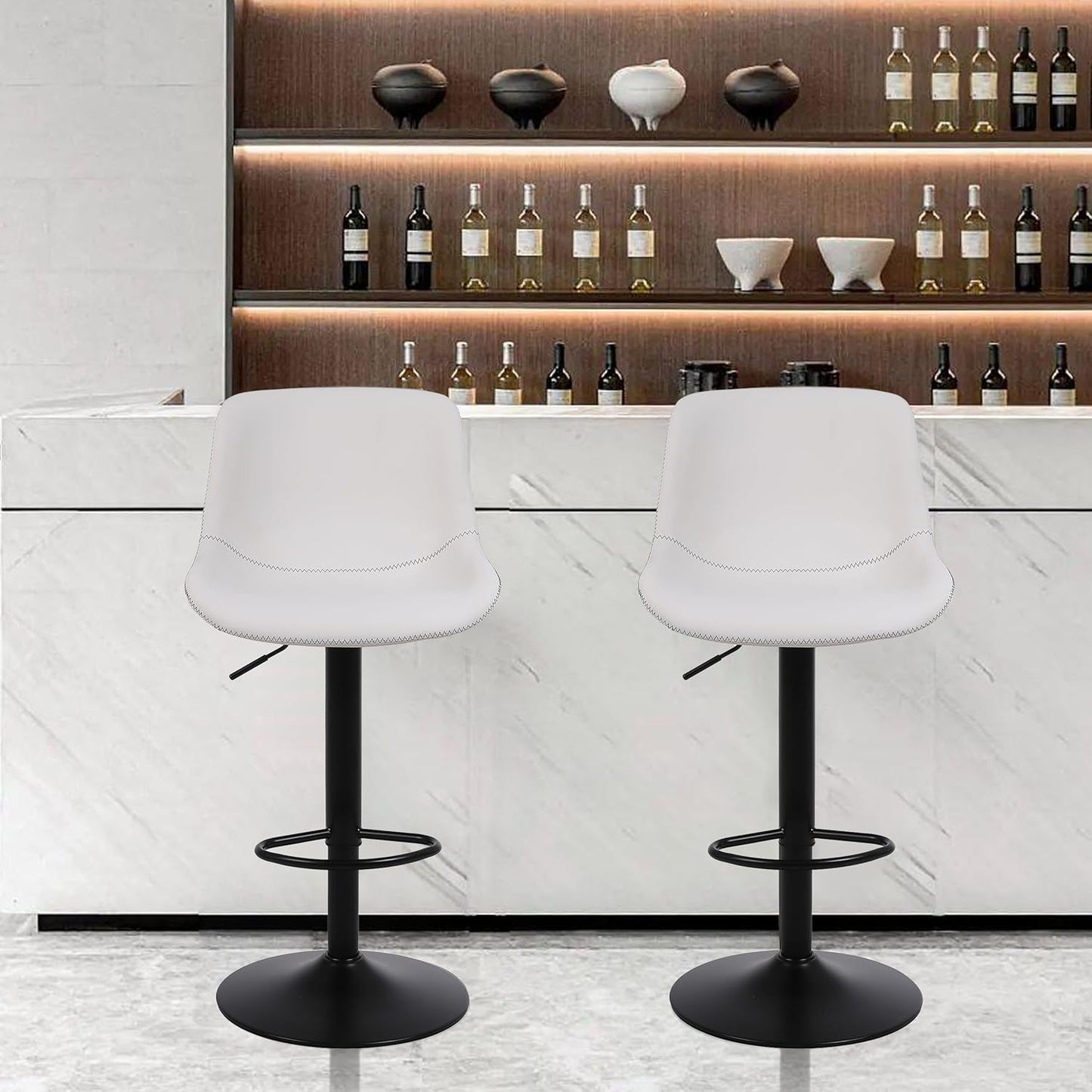 Bar Stools, Swivel Counter Height Barstools with Back, Adjustable Modern Bar Chairs, Tall Armless PU Leather Kitchen Island Stool (White, Set of 4)