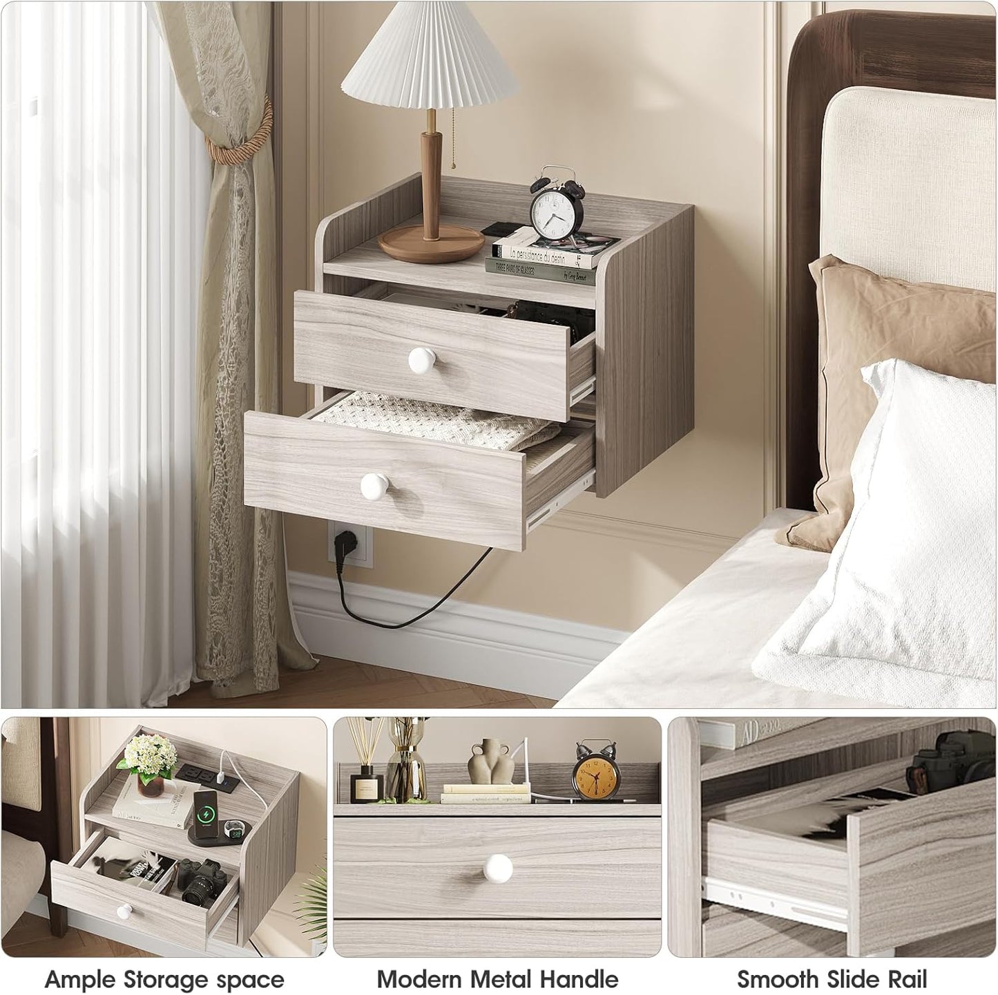 Floating Nightstand Set of 2 with 2 Storage Drawers and Charging Station Wood Wall Mounted Bedside End Table Modern Night Stands Set 2 for Bedroom,Small Space,Grey