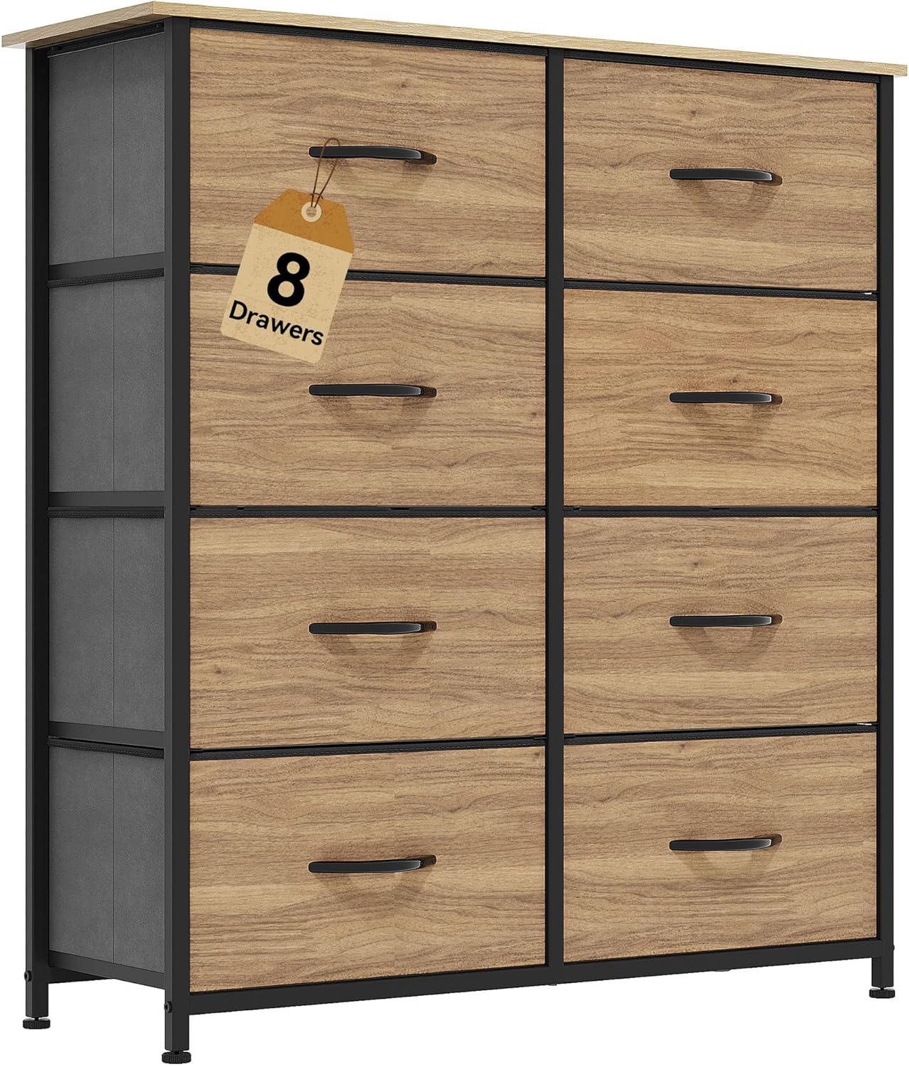 DWVO Dresser with 8 Drawers - Fabric Storage Tower, Organizer Unit for Bedroom, Hallway, Closets - Sturdy Steel Frame, Wooden Top & Easy Pull Fabric Bins (Burlywood Grain)