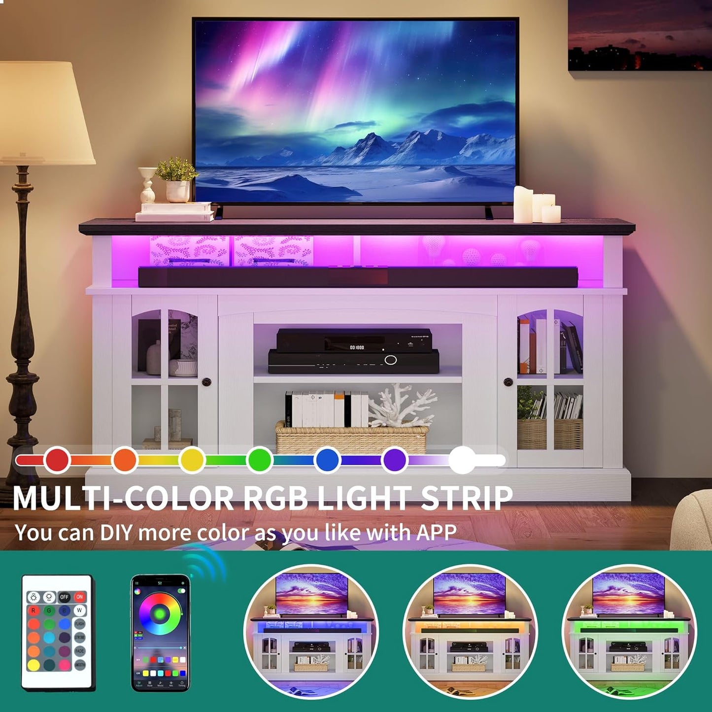 YITAHOME LED Farmhouse TV Stand for 65 Inch w/Outlets, Modern Entertainment Center with Glass Doors and Adjustable Storage Shelves, Media Console TV Cabinet for for Living Room, White/Black