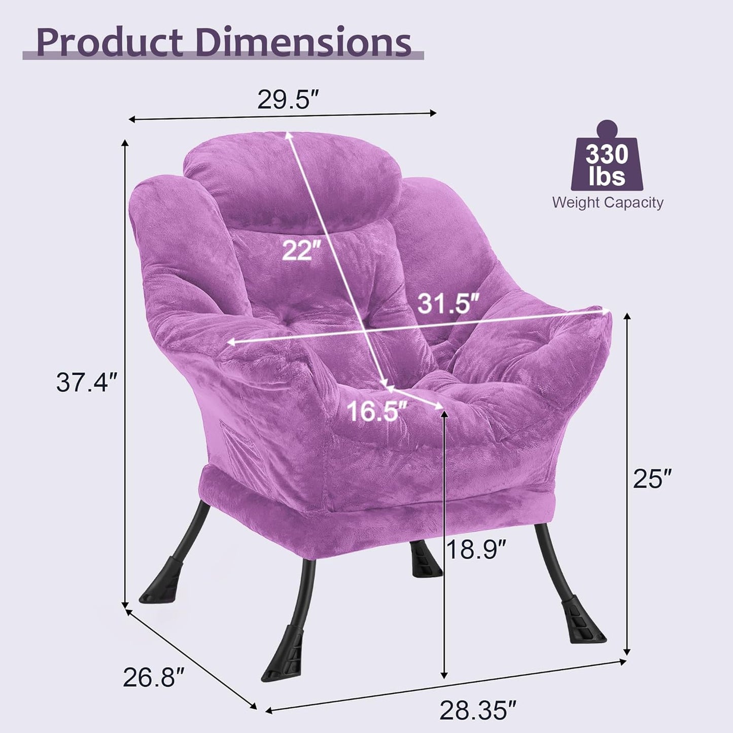Fabric Lazy Chair for Adults, Oversized Upholstered Sofa Chair, Plush Comfy Lounge Chair with Large Side Storage Pocket, Thick Padded Reading Chair for Living Room, Bedroom, Office, Purple