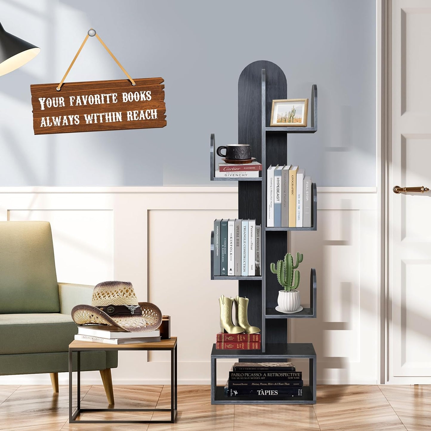 Cactus Tree Bookshelf, 5-Tier Wood 50" Tall Book Corner Storage Rack for CDs/Movies/Books, Small Space-Saving Organizer Shelves for Living Room, Bedroom, Home Office (Black)