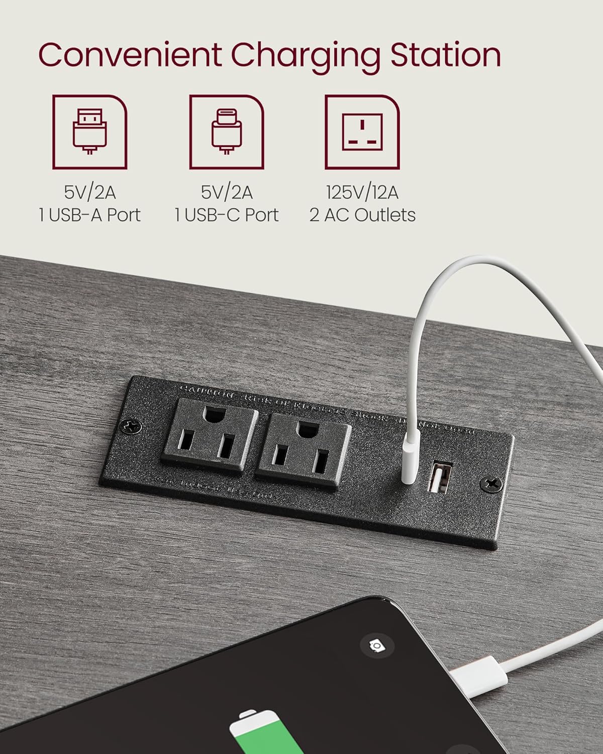 VASAGLE LIRY Collection - Farmhouse Nightstand with Charging Station, Bedside Table, Side Table with Drawer, Open Compartment, for Bedroom, Misty Gray ULET659G68