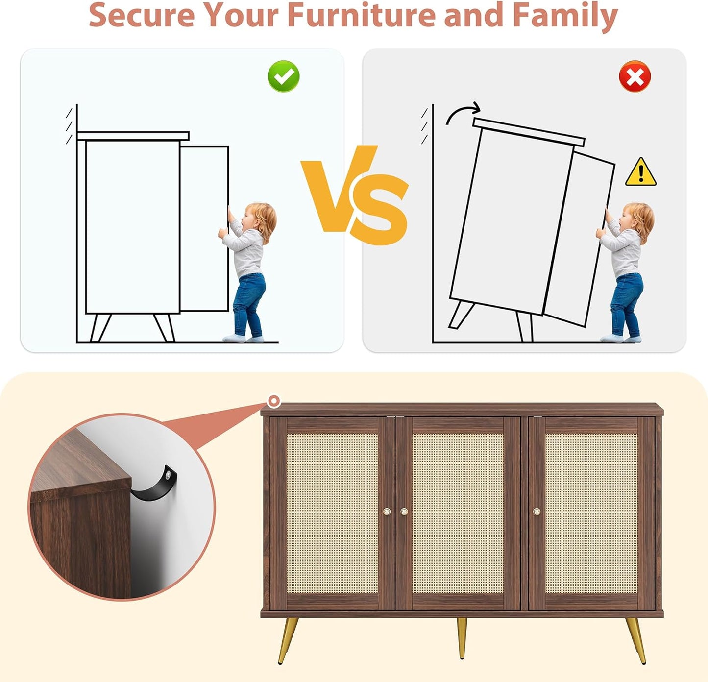 Shintenchi Large Rattan Storage Cabinet, Modern Sideboard Cabinet, Accent Large Storage Space Cabinet with Rattan Decorated Doors for Living Room, Dining Room, Brown