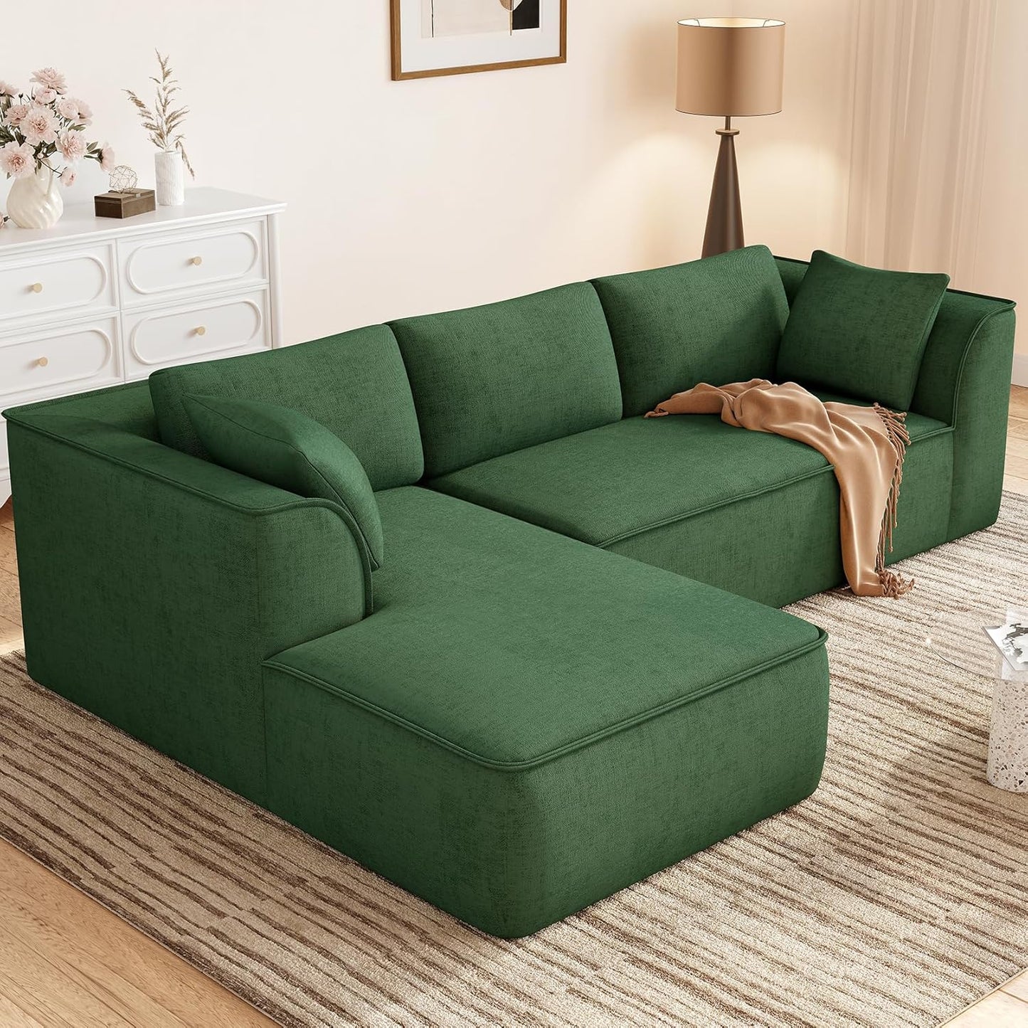 Vesgantti 106" Cloud Couch Sectional Modular Sofa, Deep Seat Comfy Cloud Couch Chenille Memory Foam Sofa Modular Couches for Living Room Bedroom, No Assembly Required (Green, Left-Facing Chaise)