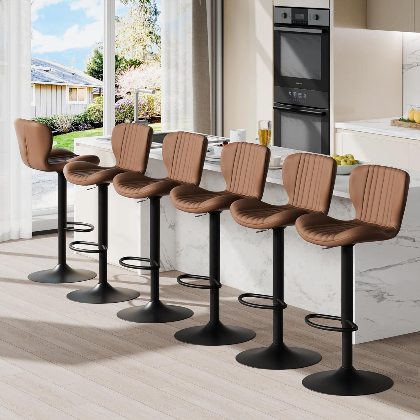 Shintenchi Bar Stools Set of 6 Modern Swivel Bar Chairs, Counter Height Faux Leather Metal Barstools, Upholstered Island Chairs with Back and Footrest, Coffee
