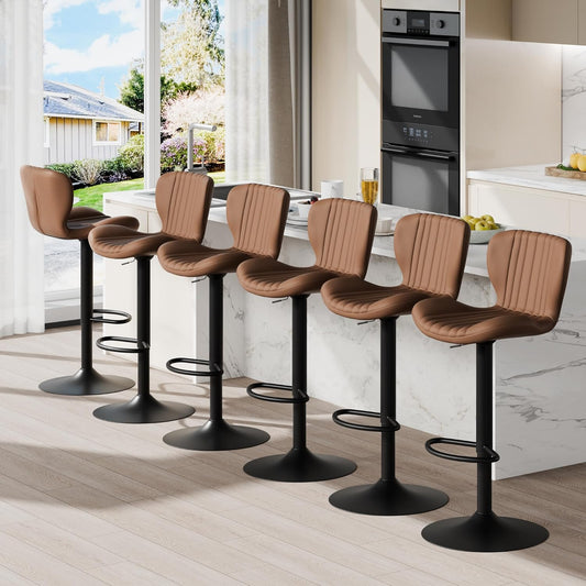 Shintenchi Bar Stools Set of 6 Modern Swivel Bar Chairs, Counter Height Faux Leather Metal Barstools, Upholstered Island Chairs with Back and Footrest, Coffee