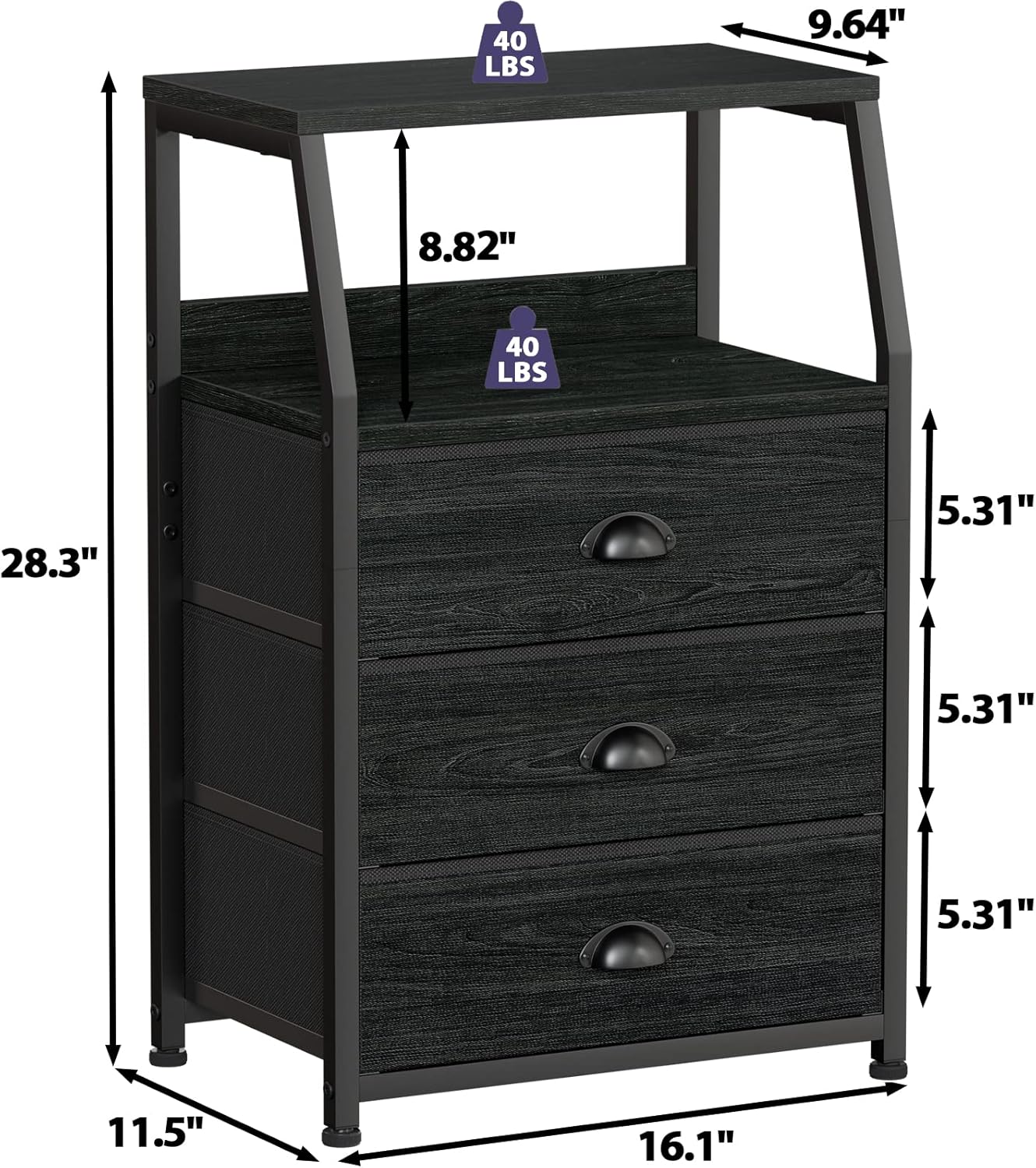 Furnulem Black Night Stand, Small Dresser for Bedroom, Nightstand with 3 Fabric Storage Drawers and 2-Tier Shelf, End Table Side Furniture for Closet, Hallway, Nursery, Sturdy Steel Frame, Wood Top