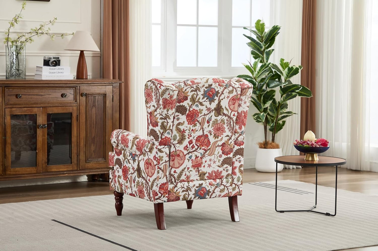 Ball & Cast Modern Accent Chair,Comfy Upholstered Armchair with Retro Wood Legs,Floral Design Single Sofa Chair,Living Room Furniture for Apartment,Bedroom,Office,Linen Fabric,Floral Red