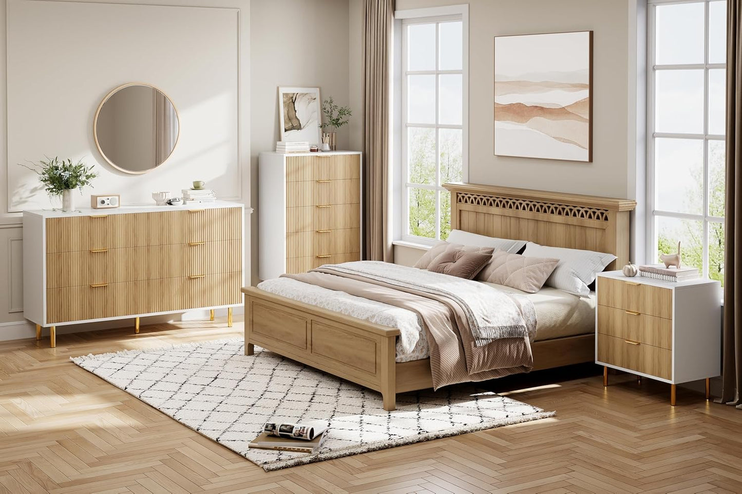 GarveeHome Natural Dresser, Modern 3 Drawer Dresser for Bedroom with Gold Handle and Large Drawer, Wood Double Chest of Drawers and Storage Organizer for Living Room, Hallway, Entryway