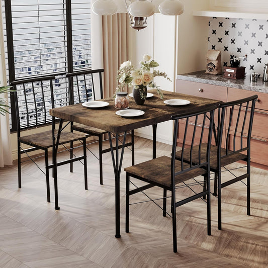 5 Piece Dining Table Set with 1.6" Thick Desktop, Modern Metal&Wood Kitchen Dinner Table with 4 Chairs, Dining Room Table Sets for Small Spaces, Brown