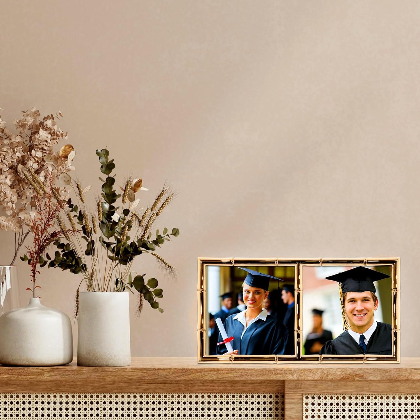 Lawrence Frames 4x4 Double Gold Metal Picture Frame with Bamboo Design