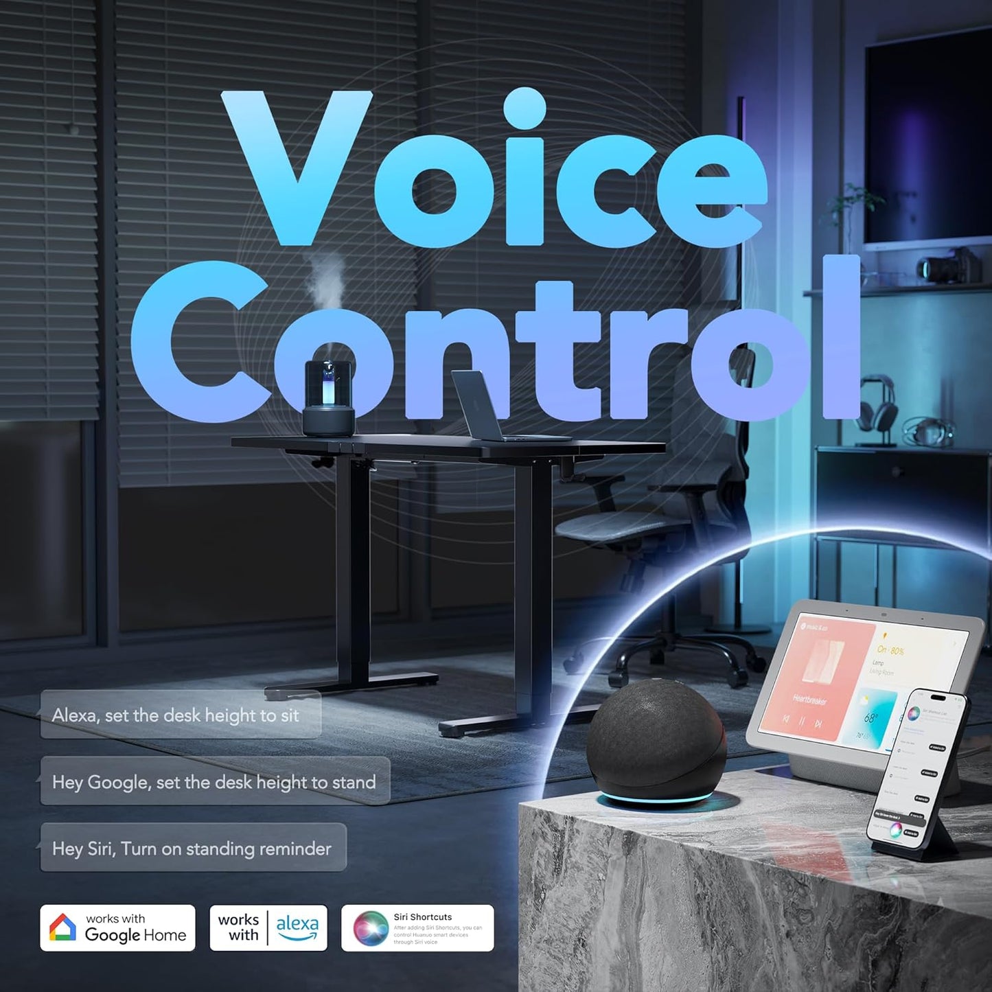 HUANUO 48 inch Electric Standing Desk with Smart APP, Alexa & Google Voice Control, Wi-Fi, Adjustable Height, 6 Memory Settings, Sedentary Reminder, Posture & Neck Care, Sit-Stand Desk, Black