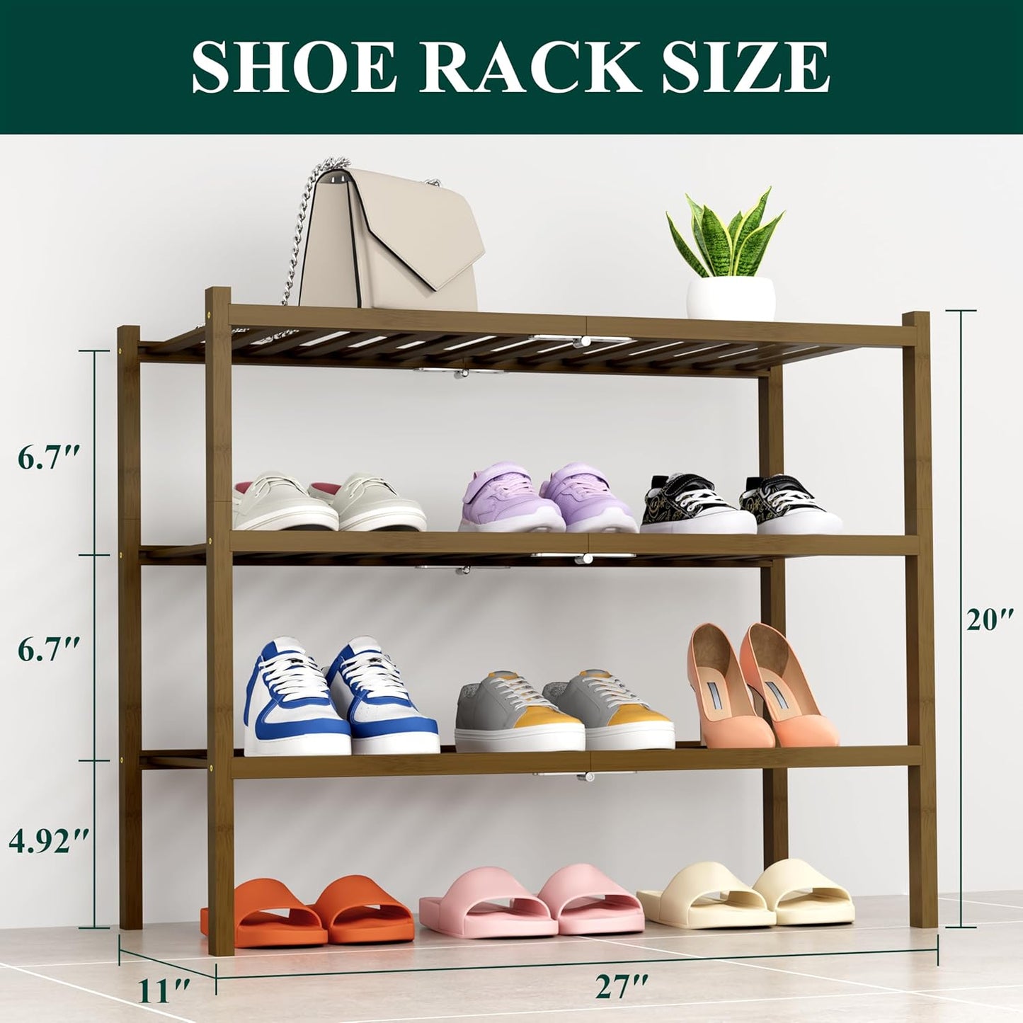 Smiry Shoe Rack, 3 Tier Thick Bamboo Shoe Organizer, Stackable Free Standing Wooden Shoe Storage Shelf for Closet, Entryway, Front Door Entrance, Walnut