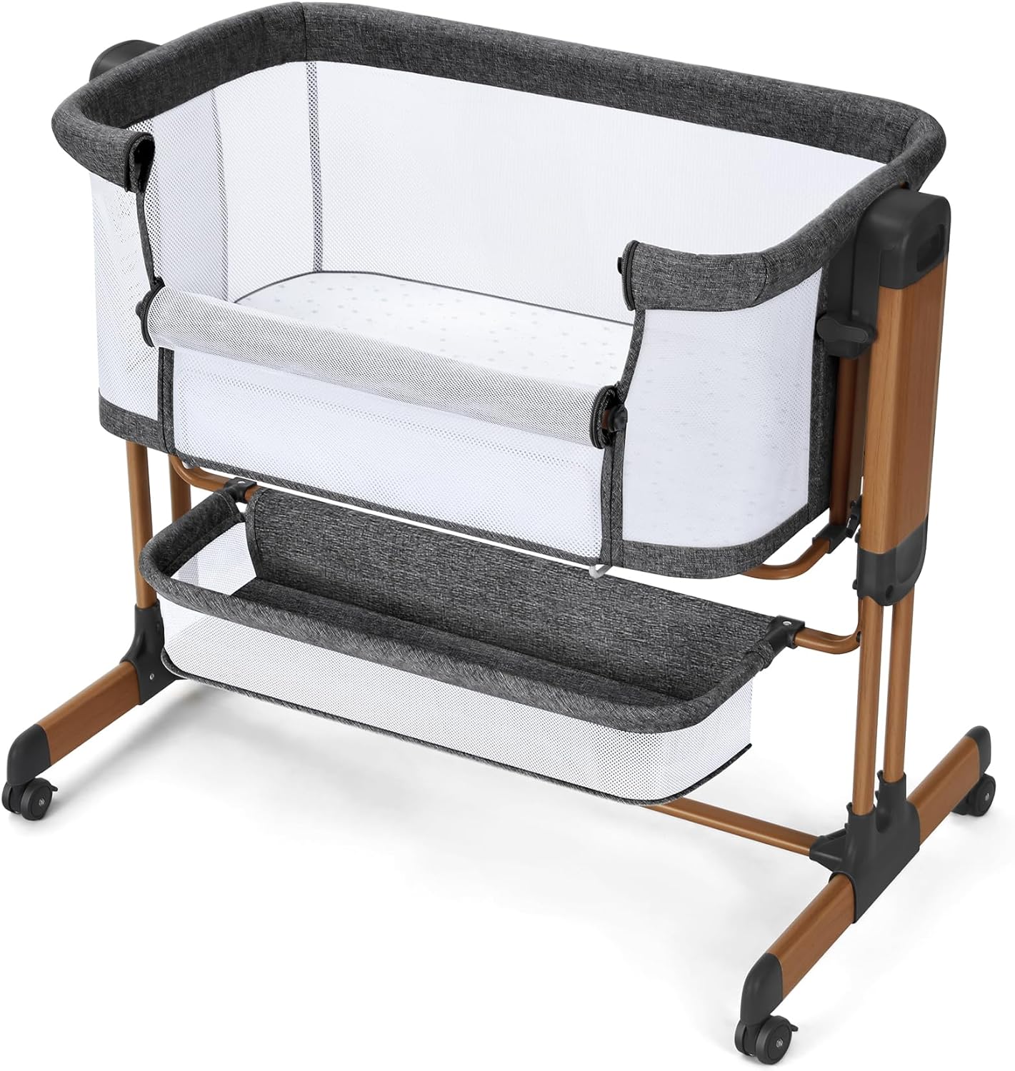 Ezebaby 3-in-1 Baby Bassinet, Rocking Baby Bassinets Bedside Sleeper, Adjustable Portable Crib for Newborn Infant with Wheels Storage Basket and Mesh Sides