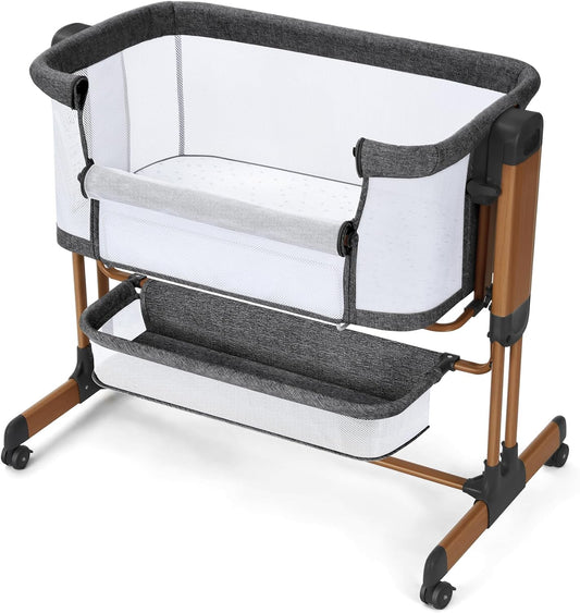 Ezebaby 3-in-1 Baby Bassinet, Rocking Baby Bassinets Bedside Sleeper, Adjustable Portable Crib for Newborn Infant with Wheels Storage Basket and Mesh Sides