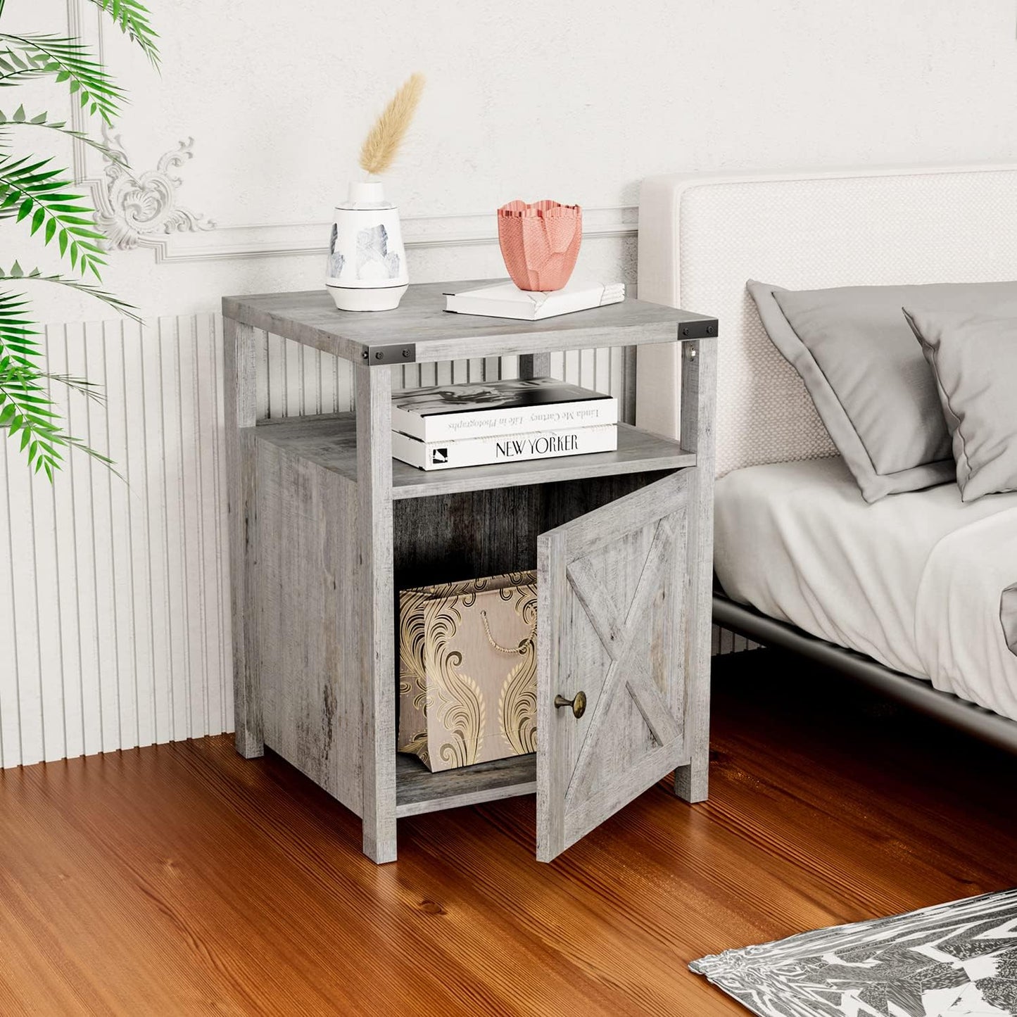 Farmhouse Nightstand with Charging Station, Grayish White End Table Bedroom with Storage Living Room Side Table Beige Night Stand Industrial Bedside Bed Table with USB Ports and Outlets